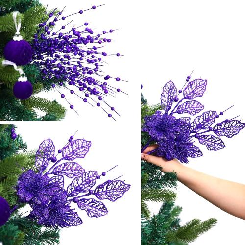 24 Pack Christmas Tree Ornaments - Artificial Flowers Glitter Berry Stems Christmas Floral Picks Branches for Xmas Tree Decorations Vase Filler Holiday Wedding Party Home Decor (Purple)