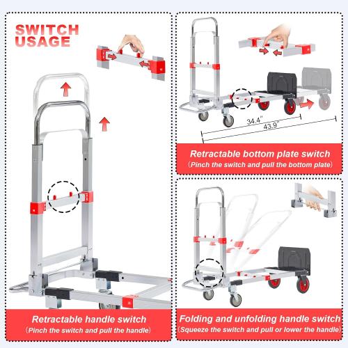 Upgraded 3 in 1 Aluminum Folding Hand Truck, 600lbs Capacity, Heavy Duty Convertible Dolly with Retractable Handle and 4 Rubber Wheels, Collapsible Cart for Moving Home, Office, Warehouse (Red)