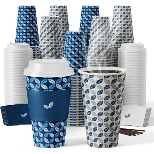 JOLLY CHEF 16 oz Coffee Cups with Lids 100 Pack, Disposable Hot Paper Coffee Cups with Lids, Sleeves and Stirrers for Christmas, Thanksgiving, Party