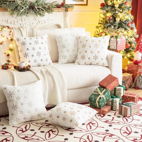 AQOTHES Faux Fur Fuzzy Decorative Throw Pillows Covers, Soft Plush with Snowflake Sequins Glitter Cute Throw Pillows for Christmas Decor Couch Sofa, Silver Ivory White,18 x 18 Inch, Pack of 2