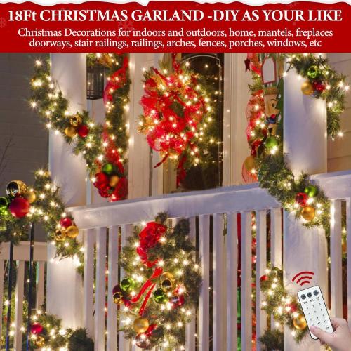 Remote Control 18 Ft Extra Long Prelit Christmas Garland Outdoor 100 Warm White & Multicolor Light 12 Mode Timer Real Touch Cedar Garland Battery Operated 600 Branch Christmas Decoration Stairs Mantle