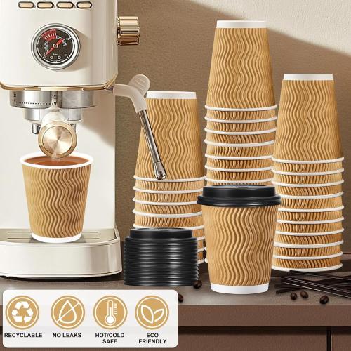 90 pack SIUQ 12 oz Coffee Cups-90 Pack Disposable Coffee Cups with Lids and Straws, Insulated Ripple Wall To Go Paper Coffee Cup for Coffee, Hot Chocolate and Hot Tea Drinks - Champagne