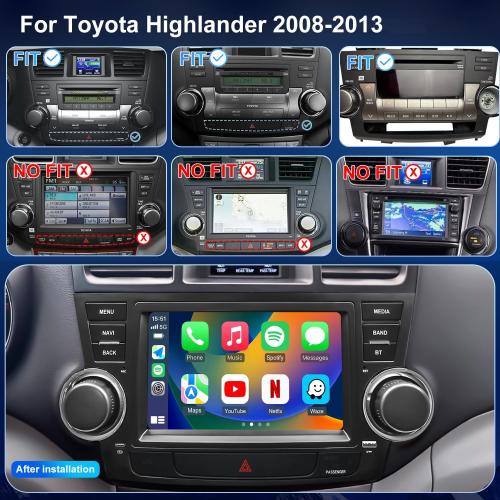 4Core 64G 5GWiFi Upgrade Car Radio for Toyota Highlander 2008-2013, Car Stereo Bluetooth Head Unit 8inch Touch Screen Radio Wireless Carplay Android Auto Backup Camera GPS FM （Only Fit Small Screen）