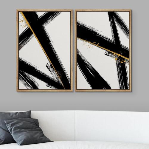 SIGNWIN Framed Canvas Print Wall Art Set Graffiti Black Gold Paint Stroke Collage Abstract Shapes Illustrations Art Decorative Contemporary for Living Room, Bedroom, Office - 16x24x2 Natural