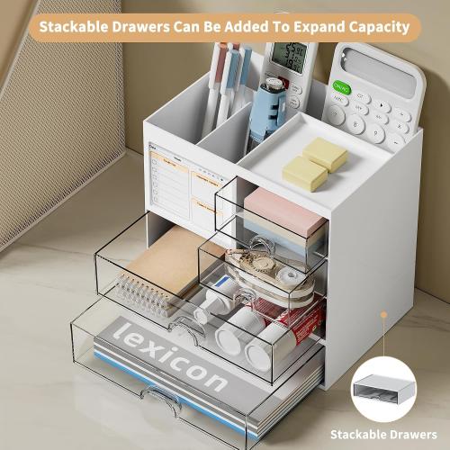 Desk Organizer with 3 Drawer, Multi-Functional Pencil Pen Holder for Desk, Desk Organizers and Storage with 8 Compartments, Desktop Organizer for Office Home Art Supplies (White)