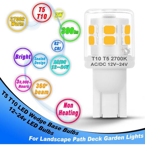T5 T10 LED Wedge Base Bulbs, 2700K Warm White 2 Watts Equivalent 11W 18W Incandecent Bulbs, AC/DC 12-24V Low Voltage Replacement for Landscape Path Deck Garden RV Camper Lights, 6 Pack