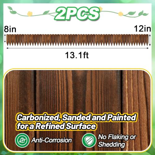 Rustic Pine Wood Garden Fence - 26.2ft Total Length (2pcs 13.1ft L*12in H) Easy to Install Sturdy Wooden Landscape Edging Border, No Fading Planter Fencing for Yard Flower Bed Lawns Pathway Tree
