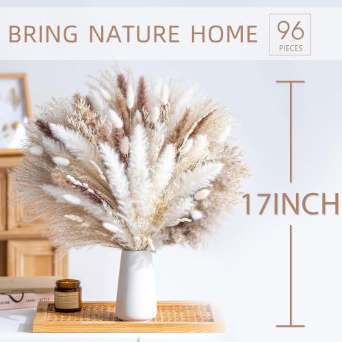 96PCS Natural Dried Pampas Grass Boho Home Decor Bouquet Phragmites Dried Flowers Bouquet for Wedding Floral Arrangements Living Room Decorations (96PCS)