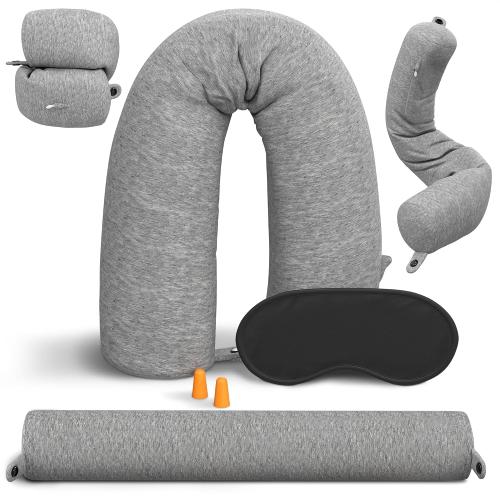 Twist Memory Foam Travel Pillow - Comfortable & Adjustable Neck Pillow for Traveling with Soft Washable Velvet Cover, Eye Mask & Earplugs - Long Flight Essentials | for 360° Neck Support, Chin, Lumbar