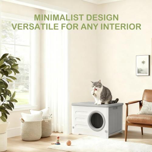 Outdoor Cat House Weatherproof, Insulated Heavy-Duty HDPE Feral Cat Shelter with Cozy Cushion, Elevated Stackable Round Entrance Cat House for All Seasons Indoor Outdoor (Grey and White)