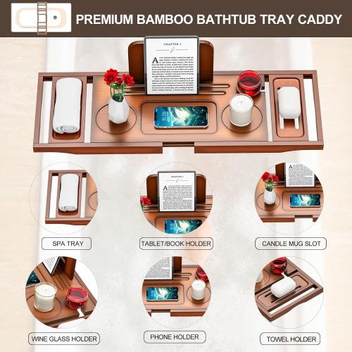 Premium Bamboo Bathtub Tray Caddy - Bath Tub Tray Table for Bathtub - Bath Caddy Tray for Bathtub, Expandable Size, Fits Most Bath Tubs