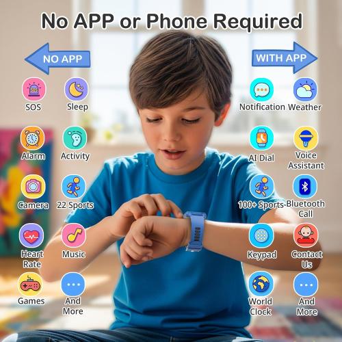 Kids Smart Watch with Fitness Tracker, Waterproof, Heart Rate/Sleep Monitor, Sport Mode, Camera, Video, Recorder, Music, DIY Wallpaper, Game, SOS Button, NO APP/Phone, Gifts for Boy Girl 4-13 Year Old