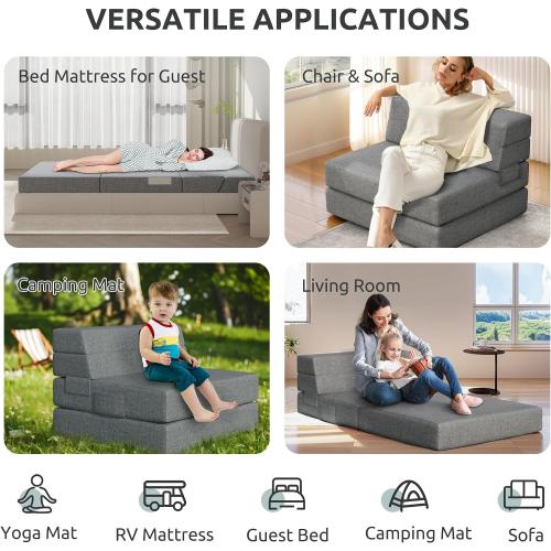 Youzi Folding Sofa Bed, Foldable Mattress for Bedroom and Living Room, 6 Inches Single Four-fold Floor Sofas for Guests, Sofa Bed Chair Floor Mattress with Washable Cover, Dark Gray, 75 x 25 x 6