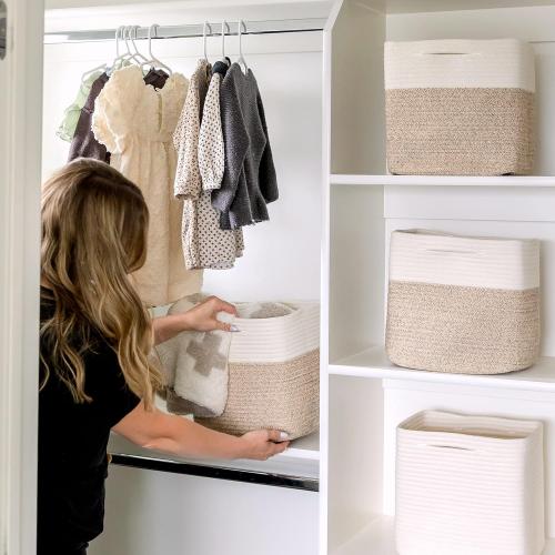 NaturalCozy 13 Inch Cube Storage Bins Cotton Rope Woven Baskets for Organizing 3-Pack | 13 x 13 Storage Cubes | Fabric Square Storage Baskets for Shelves Organizer, Kids Toy Bins, Closet Baby Nursery