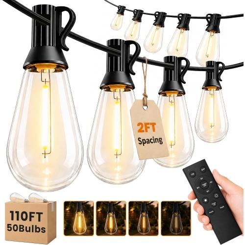 110FT(100 10) Outdoor LED String Lights with 2FT Bulb Spacing, Waterproof, Shatterproof, Dimmable, Warm White, 3 Lighting Modes, Timer, Plug in Hanging Backyard Lights for Outside, Patio