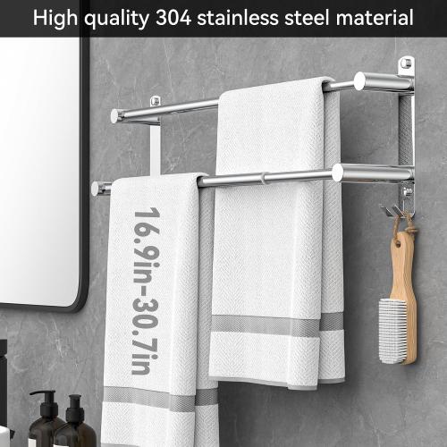 Adjustable Towel Bar for Bathroom Wall Mount17-30.7inch Adhesive Shower Towel Rack Stainless Steel Bath Towel Holders for Toilet Kitchen Double Towel Hanger (2 Layer) maybe missing pieces