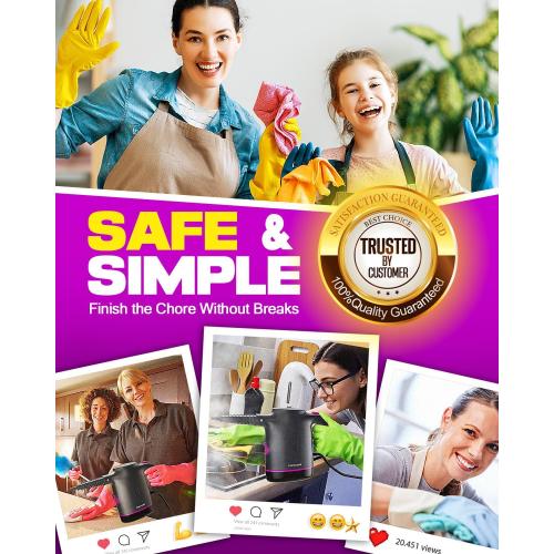 POPCHOSE Handheld Steam Cleaner for Home, Portable Pressurized Steamer for Cleaning Grout, Surfaces, Bathroom, Couch, 20S Fast Heat Up, 12 Accessories, Steam Adjustable, Safety Lock, Graypurple