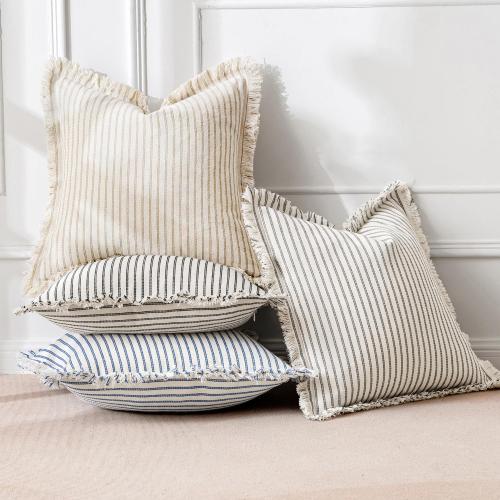 MIULEE Pack of 2 Khaki Pillow Covers 18x18 Inch Striped Farmhouse Couch Throw Pillow Covers with Fringe Chic Linen Decorative Cushion Covers for Sofa Living Room Bed Outdoor Home Decor