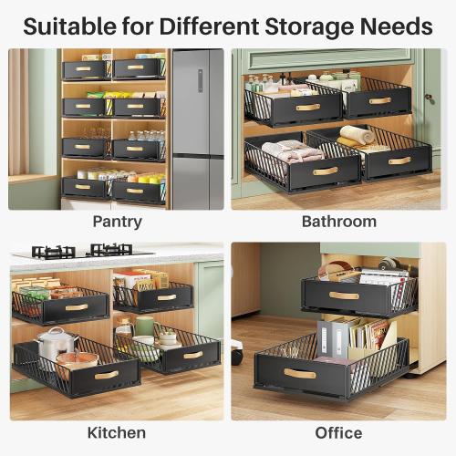 Pull out Cabinet Organizer Fixed with Adhesive Nano Film,Heavy Duty Slide out Pantry Shelves Drawer Storage,Sliding Mesh Cabinet Basket with Handle for Kitchen, Bathroom,Home, 15.8W X 21D X6.2H