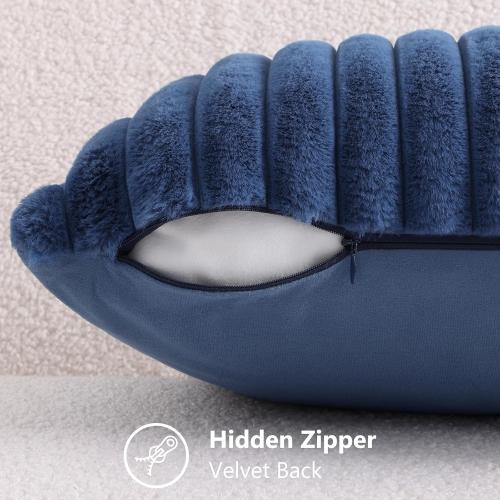 decorUhome Cozy Faux Fur Spring Throw Pillow Covers 18x18 Set of 2 Decorative Soft Plush Striped Modern Farmhouse Boho Couch Pillow Cases with Velvet Back for Sofa Bed Living Room, Blue