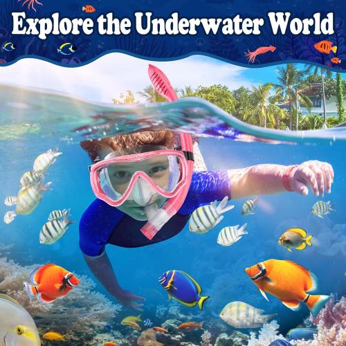 Color Pink  Kids Snorkel Set for Age 4-14 - Dry Top Snorkeling Gear for Kids Junior & Youth - Childs Diving Mask with Big Eyes for Boys Girls - Anti-Fog Snorkeling Mask and Snorkel Set