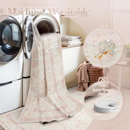 LIVEBOX Washable Rug 6x9 for Living Room, Soft Boho Pink Rugs for Bedroom, Non-Slip Vintage Floral Rug, Ultra-Thin Non-Shedding Large Carpet for Dining Room, Nursery, Home Office, Light Pink