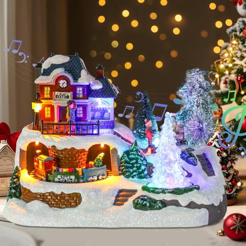 WONDER GARDEN Christmas Village Houses-Christmas Houses Village - Lighted Musical Railway Station Moving Train Town Sets with Revolving Acrylic Trees Animated Figurines for Indoor Decor or Gift