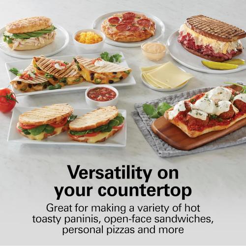 Hamilton Beach Panini Press Sandwich Maker & Electric Indoor Grill with Locking Lid, Opens Wide to Fit Any Thickness for Quesadillas, Burgers & More, Nonstick 8 x 10 Grids, Chrome (25460MNA)