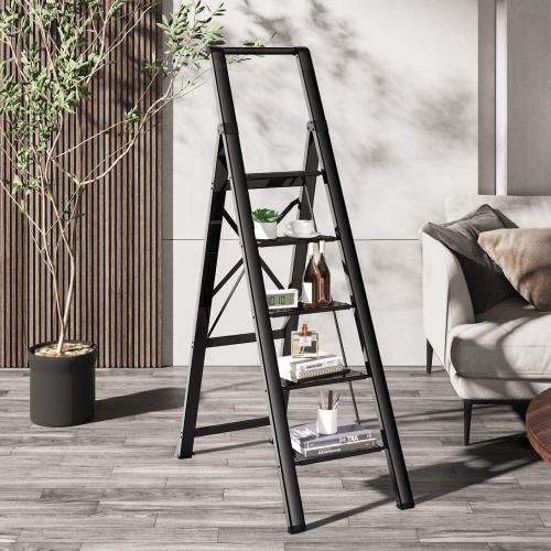 Size 5 Step Color Black Ladder Folding Step Stool Stepladders with Anti-Slip and Wide Pedal for Home and Kitchen Use Space Saving (Black)