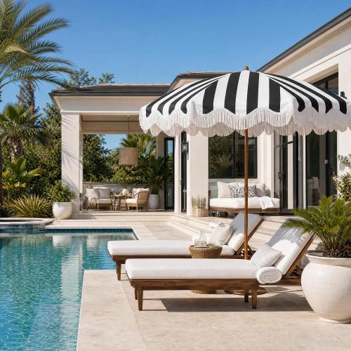 Rayjee 6.5FT Patio Umbrella with Fringe, UV Protection Beach Umbrella with Tilt & Adjustable Height, Includes Carry Bag & Ground Stake, Outdoor Umbrella for Pool, Garden, Backyard