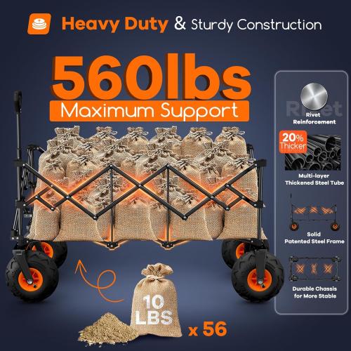 48L Collapsible Beach Wagon with Big 10 Balloon Wheels for Sand, 560lbs Weight Capacity 300L Wagons Carts Foldable Heavy Duty with All Terrain Tires, Folding Cart for Camping, Grocery, Sport - Black