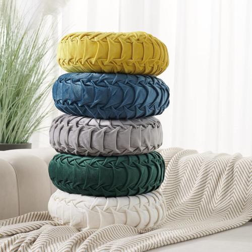 Round Throw Pillow Velvet Home Decoration Soft Pleated Pumpkin Round Floor Cushion for Couch Chair Bed Car Decorative (Light Green14inch)