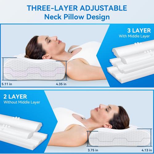Cervical Pillow for Neck Pain Relief- Queen Size Cooling Pillow for Sleeping, Memory Foam Pillows for Neck Shoulder, Ergonomic Adjustable Contour Bed Pillow for Side, Back & Stomach Sleepers
