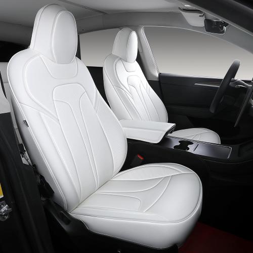 Custom Fit Seat Covers for 2020-2024 Tesla Model Y (5-Seater), Waterproof Nappa Leather, OEM Factory Style Full Set Car Seat Protectors Airbag Compatible - White