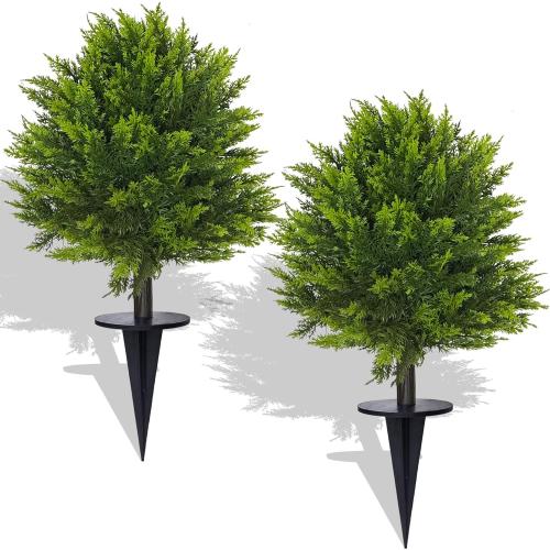 2 Pack Artificial Topiary Ball Tree with Spike Soft Cypress Realistic Faux Cedar Pines Spring Trees UV Rated Fake Shrubs for Spring Pot Fillers Front Door Porch Indoor Outdoor Decor