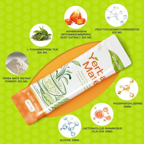 WUEIS Yerba Mate Instant Tea Powder – Clean Energy, Prebiotic Support & Gut Health – Low Sugar, Natural Caffeine, Orange Flavor, 30 Single-Serve Sticks