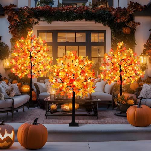 3 Pack Lighted Maple Tree, 4FT 5FT 6FT Artificial Fall Tree With 216 Lights and Timer for Autumn Home, Living Room, Patio, Porch, Garden, Wedding Indoor Outdoor Decor