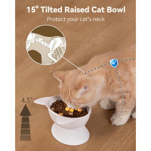 MateeyLife Raised Cat Bowls, Cat Food Bowl Elevated for Kittens & Small Dogs, 15°Tilted Protect Pets' Neck and Anti Vomiting, Whisker Friendly Food & Water Feeding Bowl, 6 oz Each - White