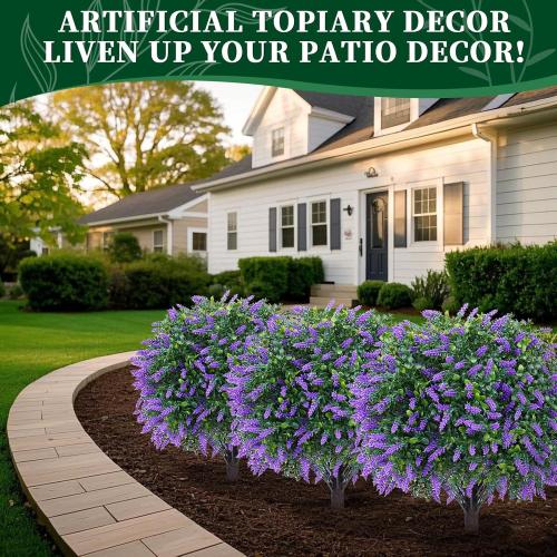 Artificial Lavender Topiary Ball Trees, 2 Set of UV Resistant Fake Evergreen Shrubs Bushes Plants with Ground Spike, Fake Plants for Outdoor Indoor Front Porch Garden