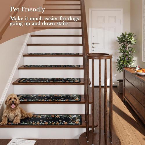 OJIA Floral Stair Treads Non-Slip Carpet Stair Treads for Wooden Steps Indoor 15PCS 30x8 Stair Runner Stair Mats Staircase Step Treads for Kids, Elders and Dogs, Stair Covers, Black