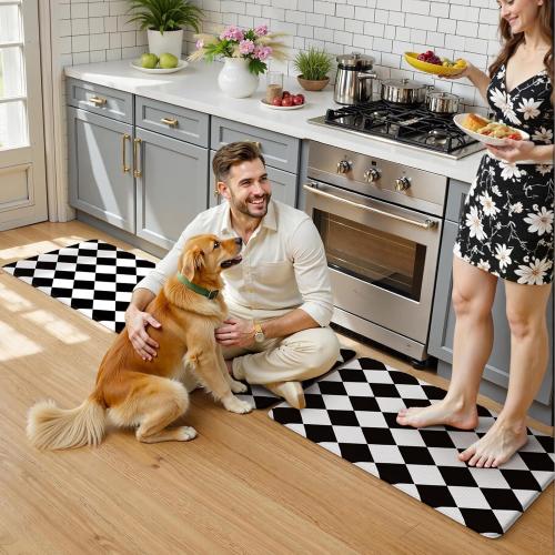 KIMODE Farmhouse Kitchen Rugs, Anti-Fatigue Kitchen Mats, Non-Slip, Cushioned Standing Mat, 17x47 17x29, Black Diamond Check