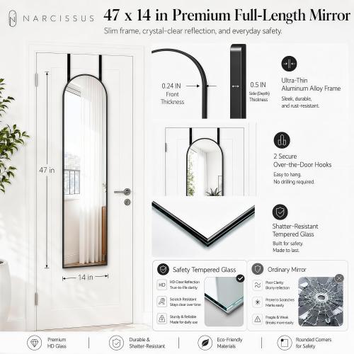 NARCISSUS Over the Door Full Length Mirror 47x14 Inch, Wall Mounted Dressing Mirror, Door Hanging Full Body Mirror HD Reflection Glass for Bedroom, Aluminum Alloy Frame Black