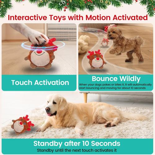Senneny Christmas Dog Toys, Interactive Dog Toys Reindeer, Random Path Electric Automatic Moving and Rolling Dogs Toy, Motion-Activated Dog Ball with Plush Cover USB Rechargeable