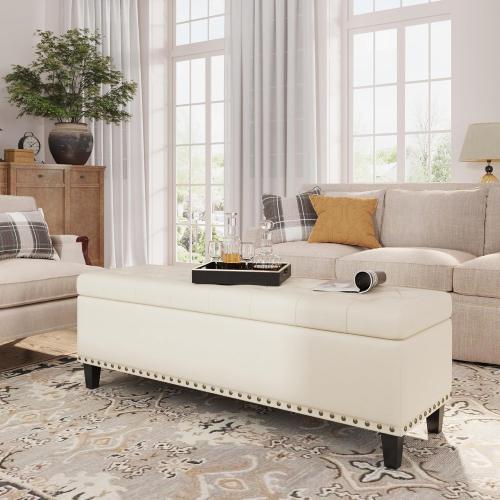 Size 51 Color White Storage Ottoman Bench,51-Inch Large Storage Bench for Bedroom End of Bed, 30 Gallons Faux Leather Ottoman with Storage for Bedroom, Living Room, Entryway, Cream White