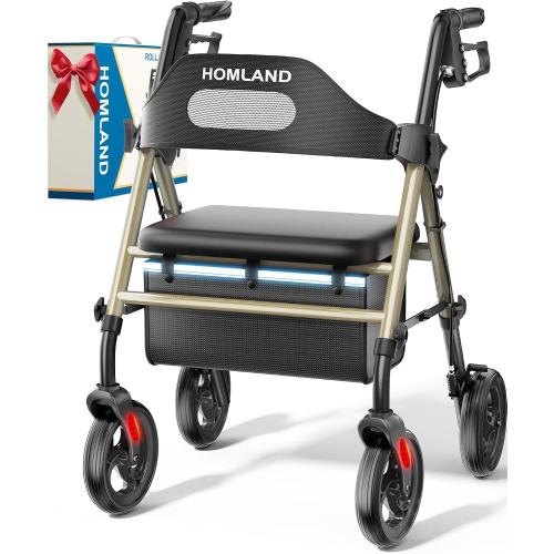 Foldable Rollator Walkers with Seat for Seniors, 8'' Big Wheels, 350 lb. Weight Capacity, Adjustable Handles and Seat Height, Lightweight Rolling Walker,