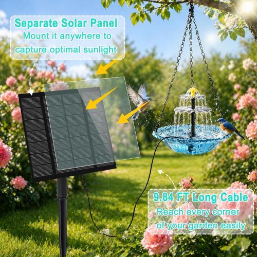 Solar Hanging Bird Bath Fountain, Solar Powered Cascading Water Fountain, Outdoor Hanging Bird Bath with Solar Fountain for Garden, Patio, Backyard
