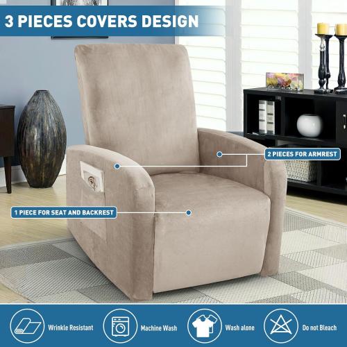 ZNSAYOTX 2026 Velvet Small Recliner Cover 3-Piece, Luxury Plush Recliner Chair Covers with Elastic Band & Ties Stay in Place, Stretch Reclining Slipcover for Lazy Boy Soft Washable (Khaki)