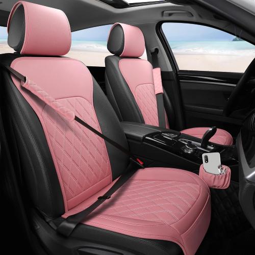 Front Car Seat Covers - Leather Seat Covers with Storage Pocket and Two Belt Pads, Anti-Slip Waterproof Universal Seat Covers for Cars Fit Cars Trucks SUV(Pink,2 Pack)