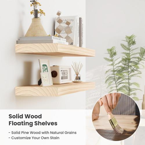 Fun Memories Wood Floating Shelves Set of 2, Rustic Pine Wood Floating Shelves for Wall Mounting, Wide Wall Shelf for Home Decor and Storage, 16 W x 7 D, Natural Unfinished, DIY Stain