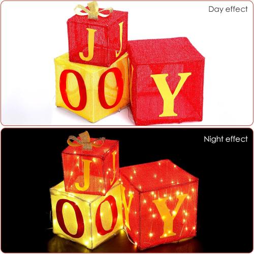 Honoson 3 Sets Extra Large Christmas Lighted Gift Boxes 8.1'' 10.5'' 12.5'' Joy Present Boxes Pre Lit with 100 Warm White Lights Christmas Decorations for Home Indoor Outdoor Garden Lawn